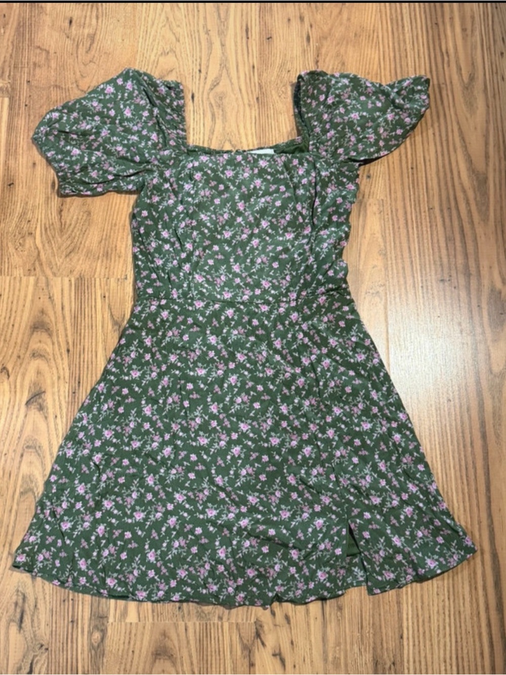 Francesca's Green Pink Floral Square Neck Puff Sleeve Mini Dress Size XS